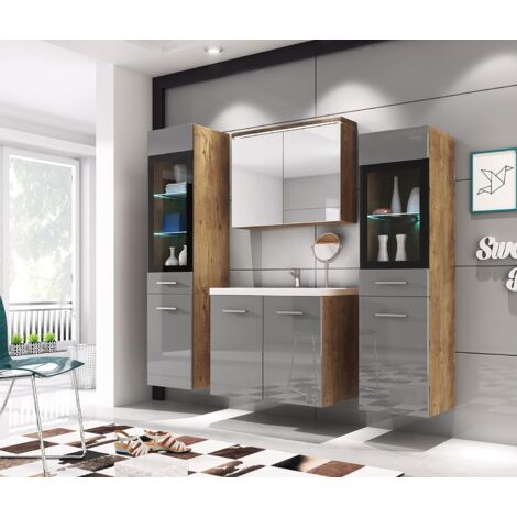 Ensemble de meubles de salle de bain MADRID II, ensemble de meubles avec lavabo inclus, éclairage LED, couleur châtaigne/gris brillant