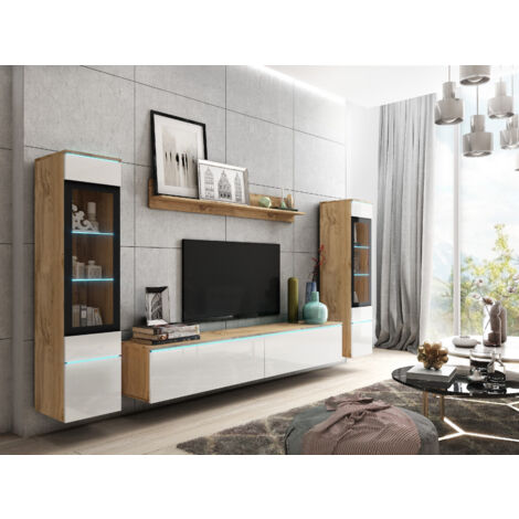 Bratex – Ensemble de meubles de salon VERA II – Panneau stratifié 15mm – Verre trempé résistant – Dimensions vitrines 130x30x33cm, meuble TV 180x30x33cm