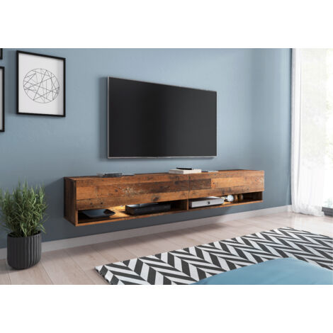 Meuble TV Lowboard A 180 cm, meuble TV sans éclairage LED, deux étagères, couleur Old Style