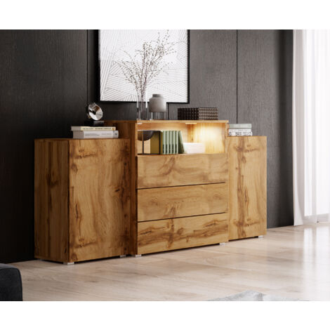 Bratex – Commode 150 cm à tiroirs avec éclairage LED – Panneau laminé 15 mm – Glissières télescopiques – Couleur wotan (1/3)
