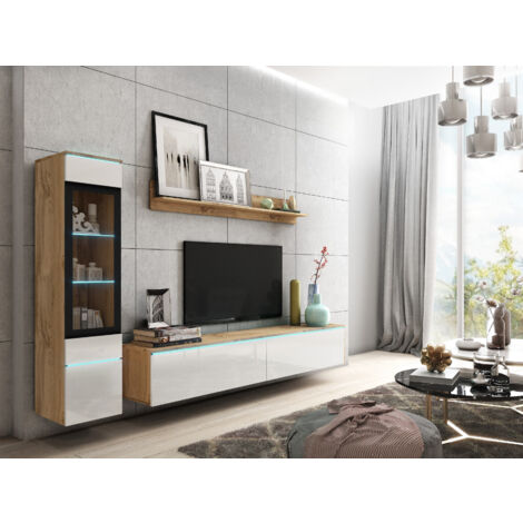 Bratex – Ensemble de meubles de salon VERA I – Vitrine et meuble TV en panneau laminé 15mm – Étagères en verre trempé – Installation au sol ou suspendue