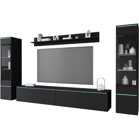 Ensemble de meubles de salon VERA II – 2 vitrines 130cm – Meuble TV 180cm – Étagère 140cm – Panneau laminé 15mm noir mat