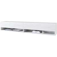 Meuble TV Lowboard A 180 cm, meuble TV sans éclairage LED, deux étagères, couleur blanc ondulé