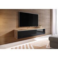 Meuble TV lowboard 140 cm – Éclairage LED intégré – Panneau stratifié résistant à l'eau – Couleur wotan/noir brillant