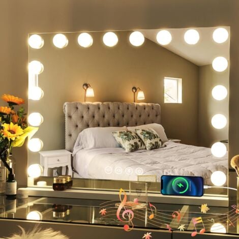Miroir de Maquillage LED Hollywood 80x60 cm avec 18 Ampoules, Éclairage Dimmable, Contrôle Tactile, 3 Couleurs de Lumière (Blanc Chaud/Neutre/Froid)