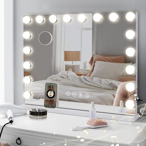 Miroir de Maquillage LED Hollywood 80x60 cm avec 18 Ampoules, Éclairage Dimmable, Contrôle Tactile, 3 Couleurs de Lumière (Blanc Chaud/Neutre/Froid)