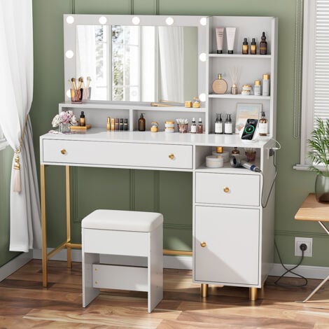 Coiffeuse avec 9 Globes Lumineux LED, 3 Couleurs, Coiffeuse avec Prise Et Grand Miroir, Tabouret Et Support pour Sèche-Cheveux, Coiffeuse À Tiroirs Multiples, Blanc 115L x 40P x 140H cm