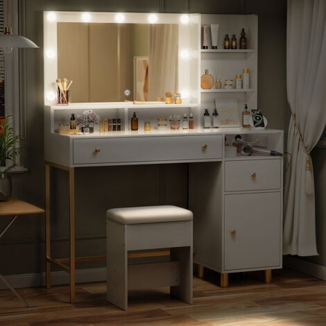 Coiffeuse avec 9 Globes Lumineux LED, 3 Couleurs, Coiffeuse avec Prise Et Grand Miroir, Tabouret Et Support pour Sèche-Cheveux, Coiffeuse À Tiroirs Multiples, Blanc 115L x 40P x 140H cm
