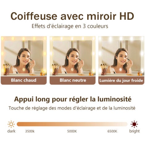 Coiffeuse avec 9 Globes Lumineux LED, 3 Couleurs, Coiffeuse avec Prise Et Grand Miroir, Tabouret Et Support pour Sèche-Cheveux, Coiffeuse À Tiroirs Multiples, Blanc 115L x 40P x 140H cm