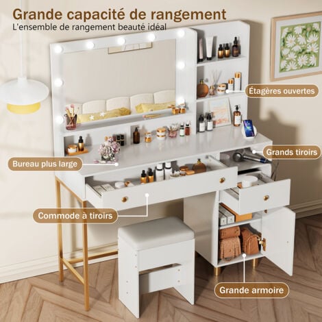 Coiffeuse avec 9 Globes Lumineux LED, 3 Couleurs, Coiffeuse avec Prise Et Grand Miroir, Tabouret Et Support pour Sèche-Cheveux, Coiffeuse À Tiroirs Multiples, Blanc 115L x 40P x 140H cm