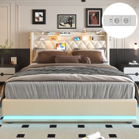 Lit coffre 160 x 200 avec rangement, lit adulte 160x200 cm, lit double capitonné avec eclairage LED et port USB, lit 2 personnes, beige