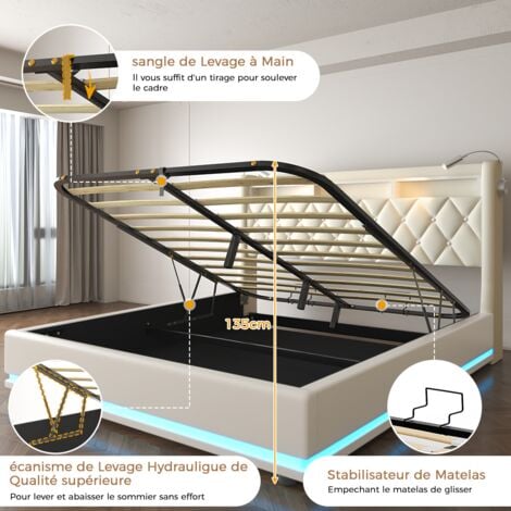 Lit coffre 160 x 200 avec rangement, lit adulte 160x200 cm, lit double capitonné avec eclairage LED et port USB, lit 2 personnes, beige
