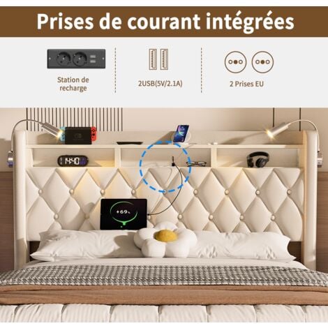Lit coffre 160 x 200 avec rangement, lit adulte 160x200 cm, lit double capitonné avec eclairage LED et port USB, lit 2 personnes, beige