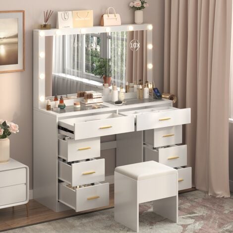 Coiffeuse avec Miroir LED et Tabouret, Luminosité Réglable, 3 Couleurs, 8 Tiroirs, Toit en Verre Transparent, Coiffeuse avec Prise Et Grand Miroir, 40P X 113L X 140H cm, Blanc