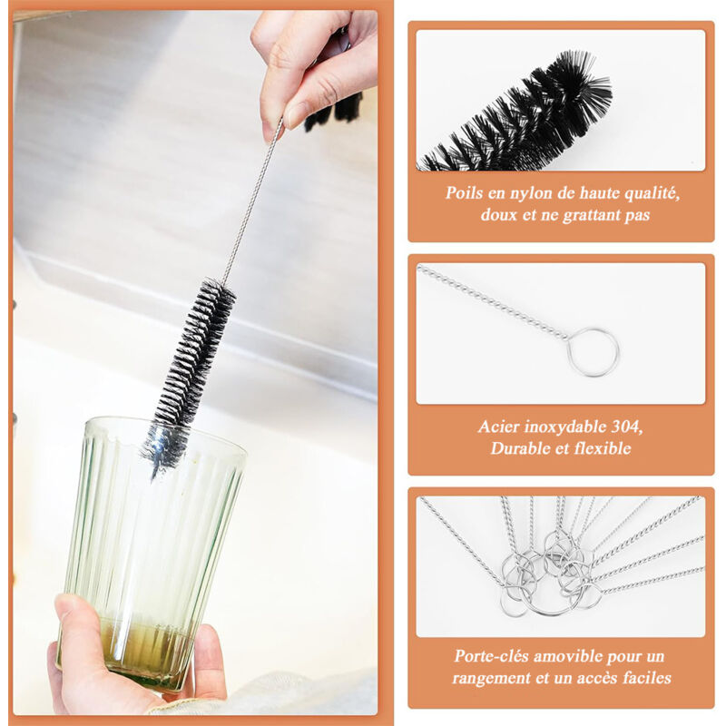 AiQInu Kit 10 Brosses Nettoyage Tubes - Pour Biberons, Pailles, Tuyaux, Diamètres 3 à 25mm