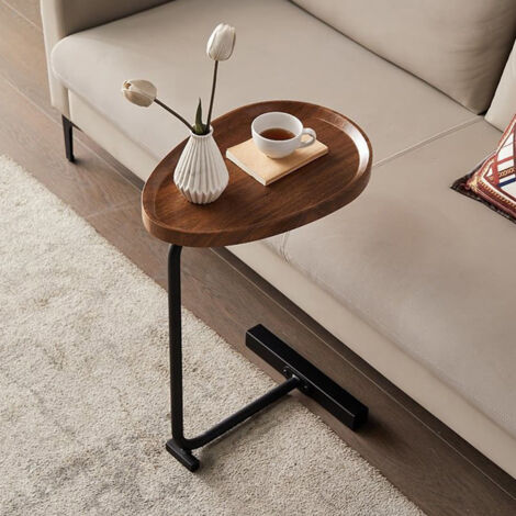Table d'appoint en forme de C, table d'appoint étroite, table d'appoint moderne avec cadre en métal, table basse pour salon, chambre à coucher, chevet - Noir + Noyer