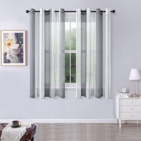 Lot de 2 Rideaux rayés Transparent avec œillets, Voile Rideaux Salon Moderne Rideaux Chambre à Coucher Semi-Transparent Rayures Rideau - Gris foncé 140 x 175cm
