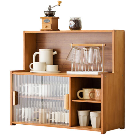 Sinbinta – Buffet de cuisine en bambou 3 niveaux – Armoire de rangement avec 2 portes coulissantes en verre – Dimensions 67 x 28 x 61 cm – Pour tasses et ustensiles