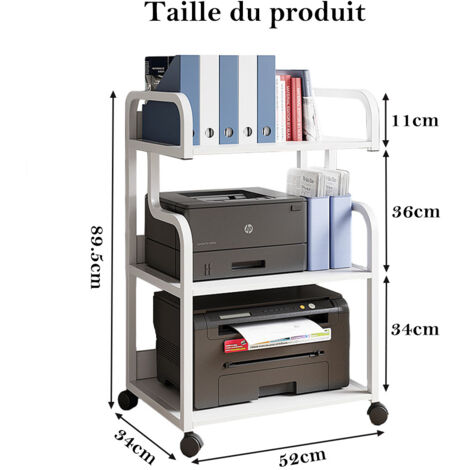 Support D'imprimante En Bois Et Acier 44,5x28x29 Cm - Étagère Bureau Pour Imprimante 3D, Scanner, Fax | 2 Niveaux, Charge 10 Kg - 3