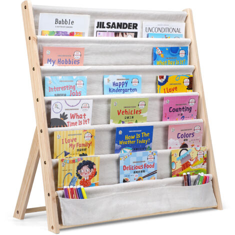Sinbinta – Bibliothèque enfant en bois de pin et toile – Dimensions 75 x 30 x 80 cm – 6 étagères pour rangement livres – Beige