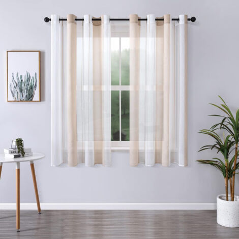 Lot de 2 Rideaux rayés Transparent avec œillets, Voile Rideaux Salon Moderne Rideaux Chambre à Coucher Semi-Transparent Rayures Rideau - Beige 140 x 145cm