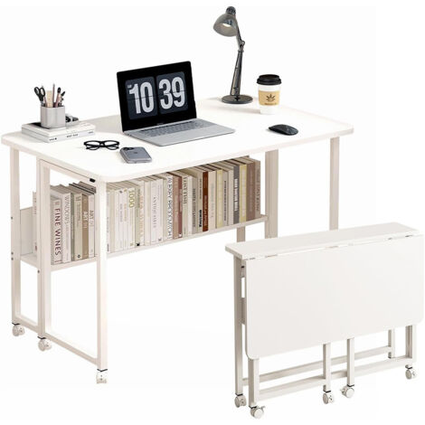 Sinbinta – Bureau pliant avec roulettes – 100 x 58 x 75 cm – Table d'appoint mobile pour petits espaces – Étagère intégrée – MDF blanc