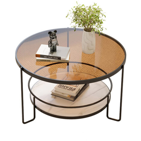 Table basse Bouts de Canapé Tables basses rondes modernes en verre trempé, table à thé à 2 niveaux avec étagère de rangement for salon, balcon, bureau, table d'appoint avec cadre en métal robuste, 60 