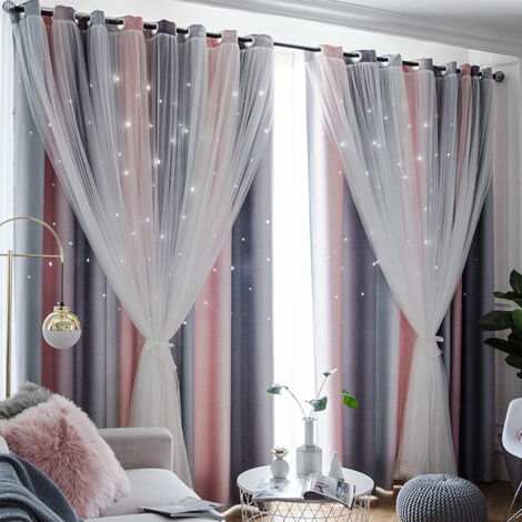 Sinbinta – Rideaux occultants 2 pièces 132 x 160 cm – Motif étoiles perforées – Dégradé rose et gris – Pour chambres d'enfants (1/5)