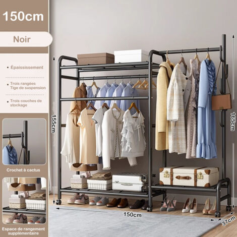 Portant Vêtements Double Da Terra – Avec Roues, Métal Et ABS Noir, Hauteur 165 Cm