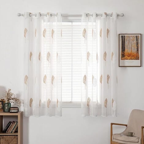 Rideau Voilage avec Beau Feuille Motif, Voilage Fenetre Design Moderne pour Chambre Lot de 2, Rideau Transparent Salon à Oeillets, Voile Rideaux Voilage Broderie – brun 140x260cm