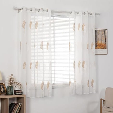 Rideau Voilage avec Beau Feuille Motif, Voilage Fenetre Design Moderne pour Chambre Lot de 2, Rideau Transparent Salon à Oeillets, Voile Rideaux Voilage Broderie – brun 140x260cm