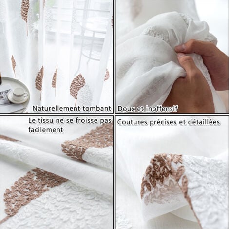 Rideau Voilage avec Beau Feuille Motif, Voilage Fenetre Design Moderne pour Chambre Lot de 2, Rideau Transparent Salon à Oeillets, Voile Rideaux Voilage Broderie – brun 140x260cm