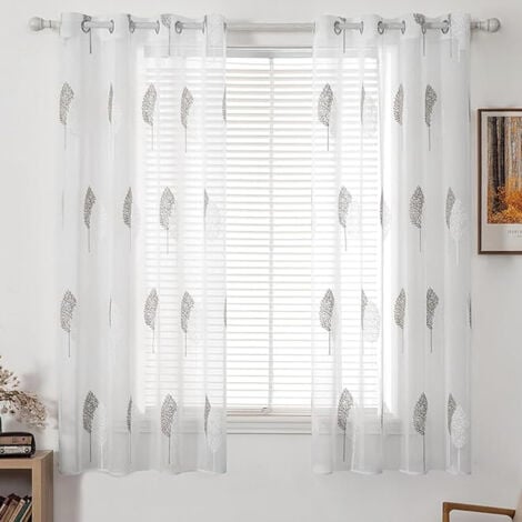 Rideau Voilage avec Beau Feuille Motif, Voilage Fenetre Design Moderne pour Chambre Lot de 2, Rideau Transparent Salon à Oeillets, Voile Rideaux Voilage Broderie – Gris 140x260cm