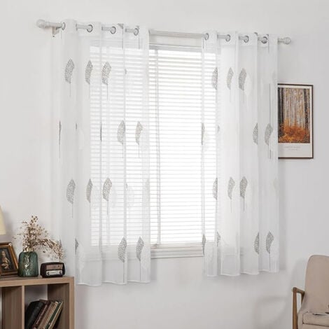 Rideau Voilage avec Beau Feuille Motif, Voilage Fenetre Design Moderne pour Chambre Lot de 2, Rideau Transparent Salon à Oeillets, Voile Rideaux Voilage Broderie – Gris 140x260cm