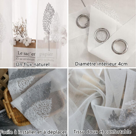 Rideau Voilage avec Beau Feuille Motif, Voilage Fenetre Design Moderne pour Chambre Lot de 2, Rideau Transparent Salon à Oeillets, Voile Rideaux Voilage Broderie – Gris 140x260cm