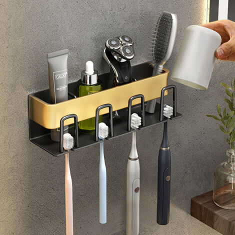 Porte-Brosse à Dents Mural en Aluminium, Support Brosse a Dent, Dentifrice, Rasoir Organisateur, Porte Brosse à Dents Adhésif avec 4 Tasses Support + 4 Fentes Têtes de Brosses à Dents Étagère - Noirs