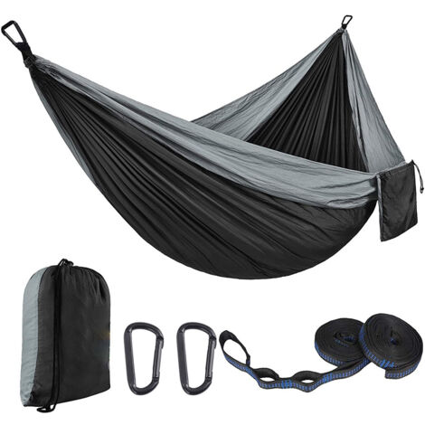 Camping Outdoor Hamacs 2 Personnes 300 x 200 cm Ultraléger Portable Voyage Hamac jusqu'à 300 kg de Charge Jardin Plage Double hamac Parachute Nylon Respirant Hammock - gris et noir (1/5)