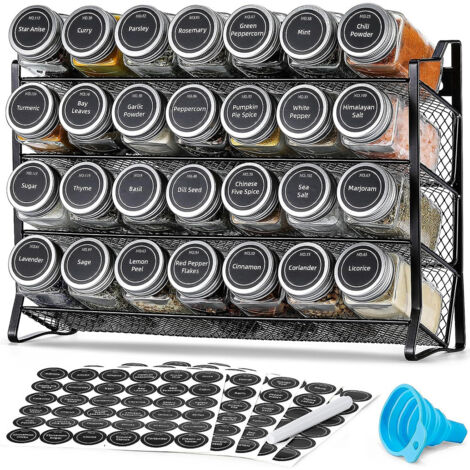 Sinbinta – Étagère à épices 4 niveaux – 28 pots en verre avec couvercles hermétiques – Étiquettes et entonnoir inclus – Dimensions 34,5x23,5x8cm