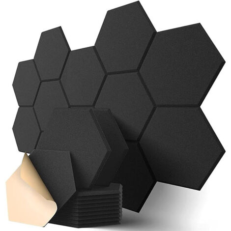 Panneaux Acoustiques Hexagonal Auto-Adhésif, 12 Pack Mousse Acoustique Haute Densité pour la Décoration Mur/Porte/Plafond et le Traitement Acoustique(30x26x0.9cm) - Noir