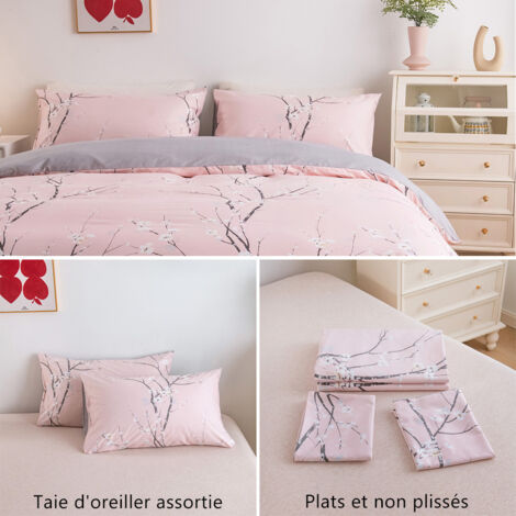 Parure Lit 220x240cm Coton Floral - Housse Couette + 2 Taies