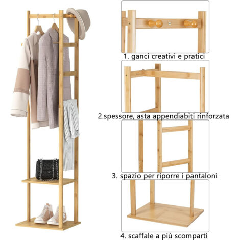Porte-manteau Sur Pied En Bambou Naturel - 3 Tringles + 2 Crochets, 168 Cm De Haut, Pour Entrée, Chambre, Salon