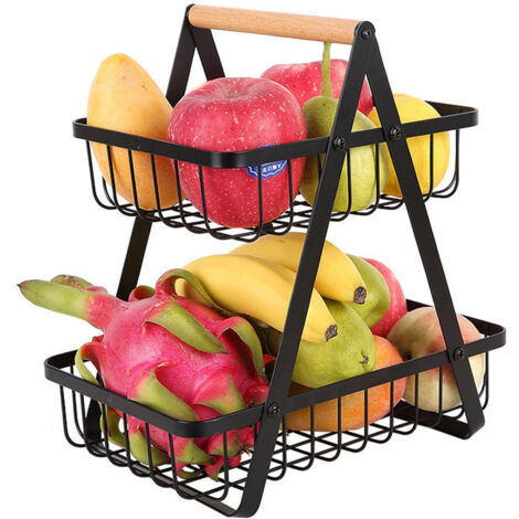 Corbeille à fruits à 2 niveaux, support à fruits amovible, convient pour placer des fruits, des gâteaux, des légumes, etc. dans les maisons, les cuisines, les bureaux, etc. (Noir)