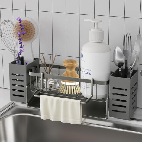 Rangement et Organisation de Cuisine, Organisateur Evier Cuisine avec bac d'écoulement Automatique,Porte Eponge evier Cuisine avec Porte-Serviettes-grise