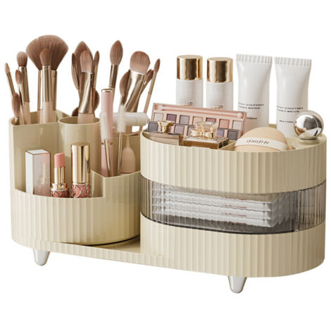 Organisateur de Maquillage, Organisateur Maquillage Rotatif 360 Degrés, Rangement cosmétique Multifonctionnel pour Chambre, Coiffeuse - Blanc Crème