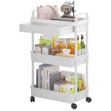 3 Niveaux Chariot de Rangement à roulettes Rangement Livre Desserte à roulettes Cuisine Etagere Roulette avec Tiroir Cuisine Salle de Bain Plastique - Blanc (1/5)
