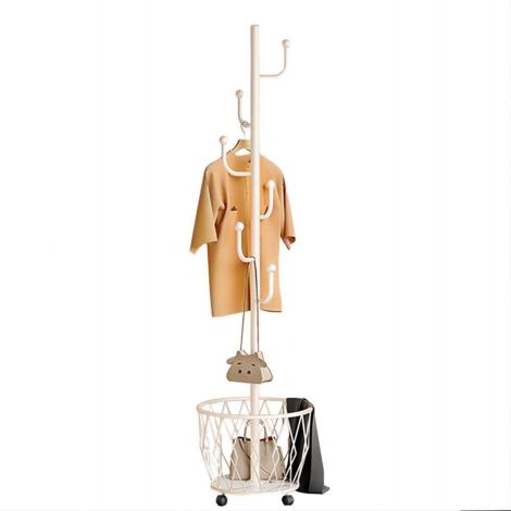 Porte-manteau en MéTal avec Roulettes/Panier Rangement/6 Crochets Suspension, porte-manteau autonome robuste, Support Rangement Pour Sac Main/Chapeau - Blanc de lait