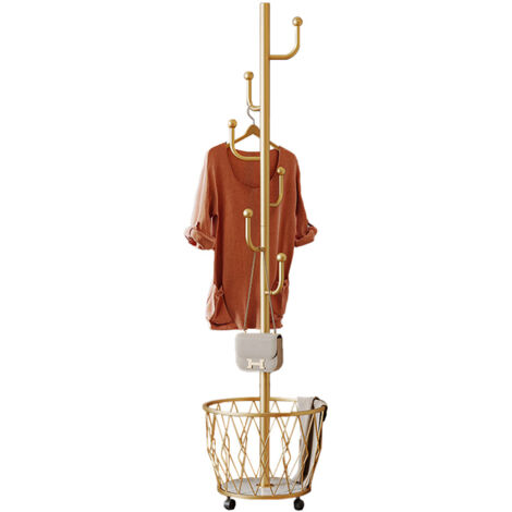 Porte-manteau en MéTal avec Roulettes/Panier Rangement/6 Crochets Suspension, porte-manteau autonome robuste, Support Rangement Pour Sac Main/Chapeau - or