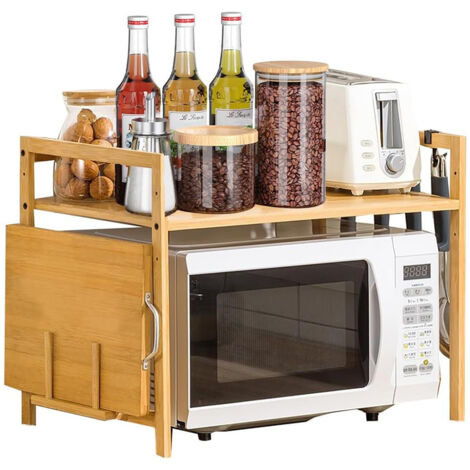 Étagère pour micro-ondes, en bambou, avec 4 crochets et support de planche à découper, support multifonction en bois pour cuisine