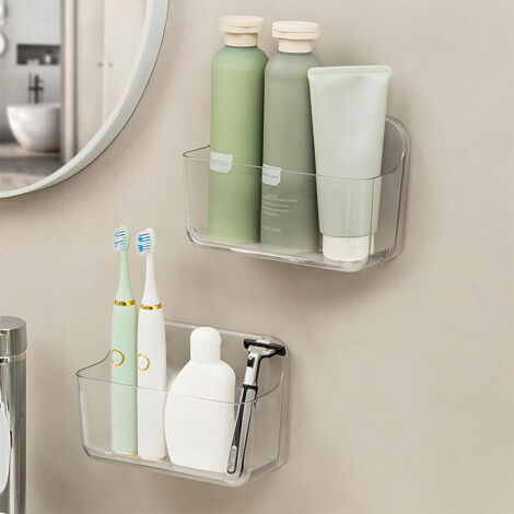 2 Pièces Etagère Douche, Étagère Salle de Bain, Etagere Salle de Bain Transparente, Étagère de Salle de Bain Sans Perçage, Rangement Panier de Douche pour Salle de Bain, Auto-Adhésif - 18cm