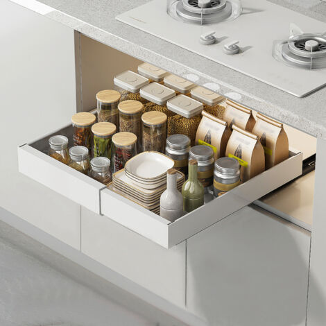 Sinbinta – Tiroir coulissant extensible pour cuisine – Largeur réglable 32-48cm – Acier au carbone – Installation sans perforation